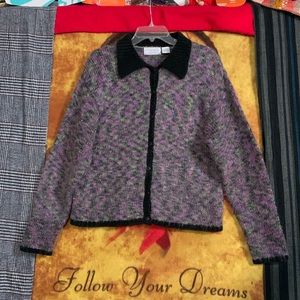 CHRISTOPHER & BANKS-women’s black/purple x-long sleeve collared cardigan sweater